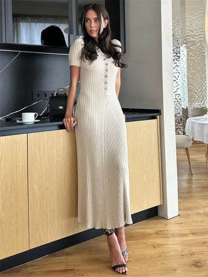 Tossy White Knit Fashion Maxi Dress for Women Short Sleeve Patchwork Elegant