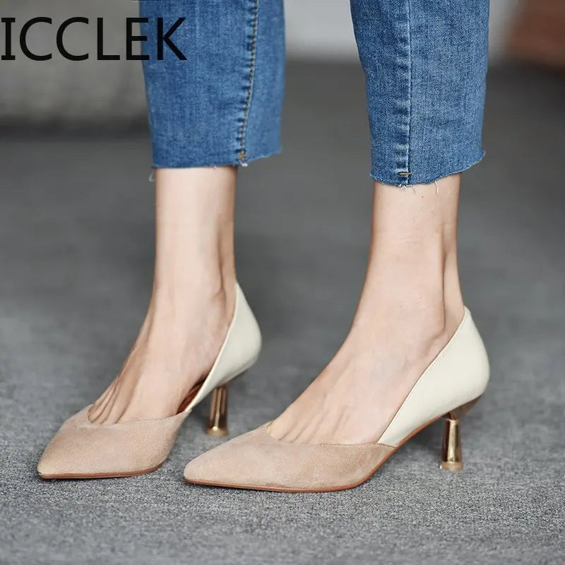 ICCLEK Women Dress Shoes Patchwork Pumps Pointed Toe Party Shoes Woman