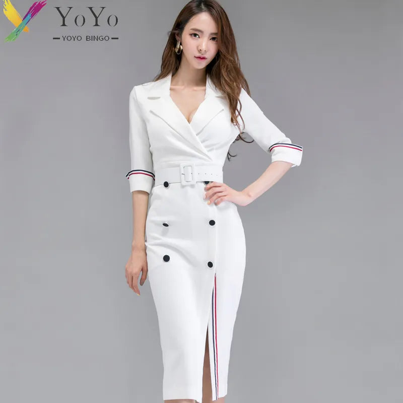 New Autumn Winter Formal Dress Elegant White Half Sleeve Slim