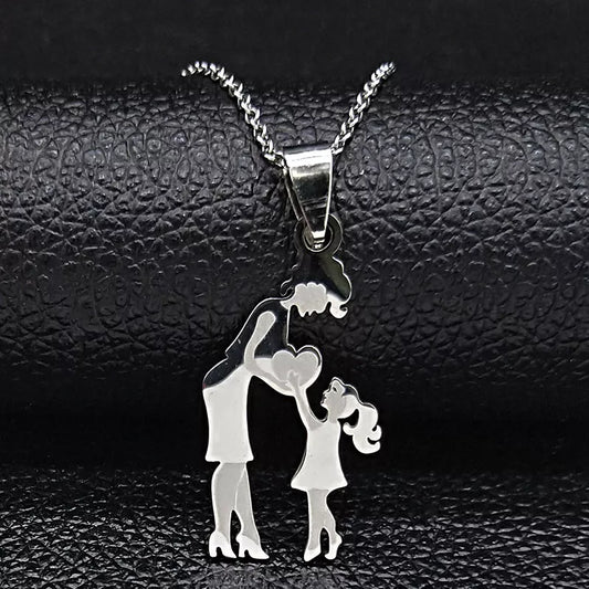 Mom Daughter Family Necklace Stainless Steel Chain Children Kid Silver