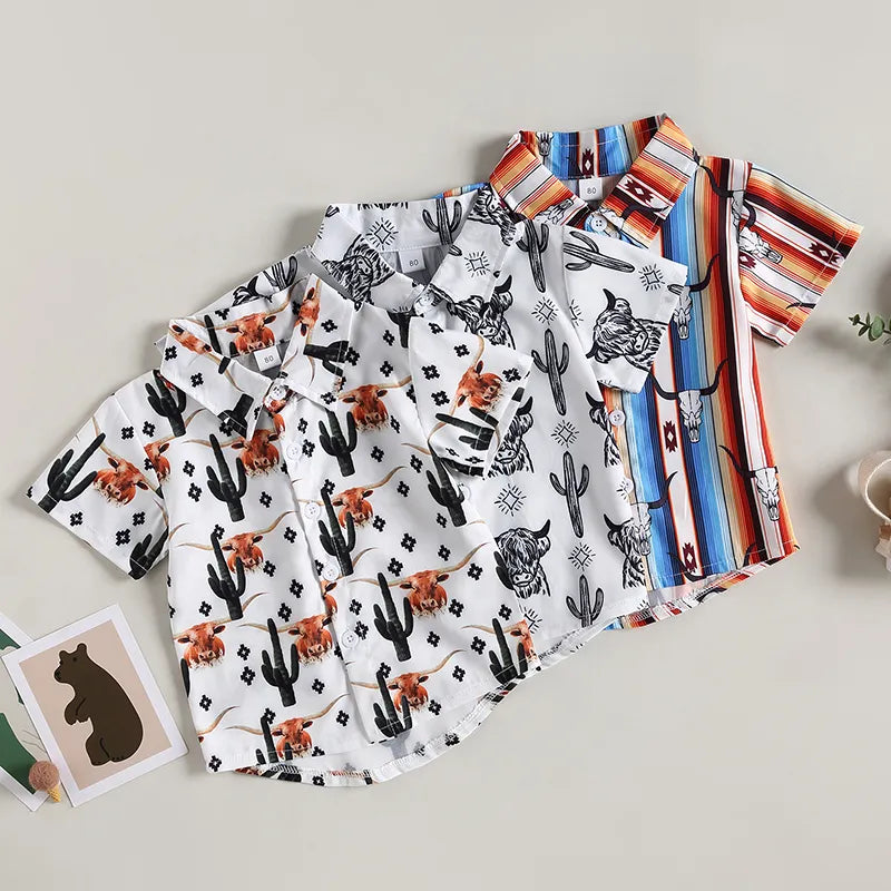 Fashion Summer Baby Boys Shirts Cattle Cactus Graphic Print Short Sleeve