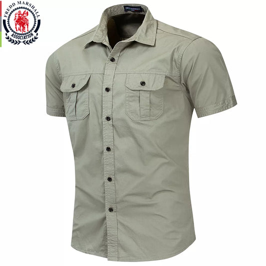 Fredd Marshall New Mens Military Shirt Men Short Sleeve Cargo Shirts