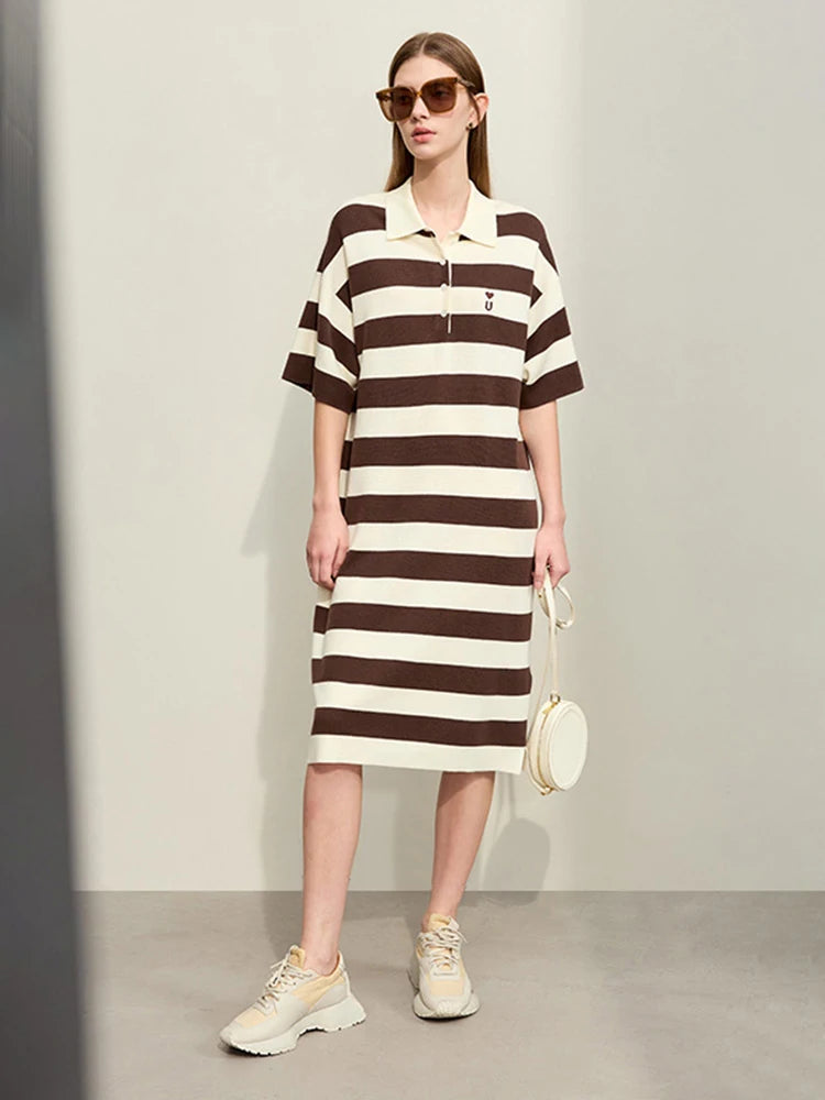 Amii Minimalism Embroidery Striped Dress for Women 2024 Spring