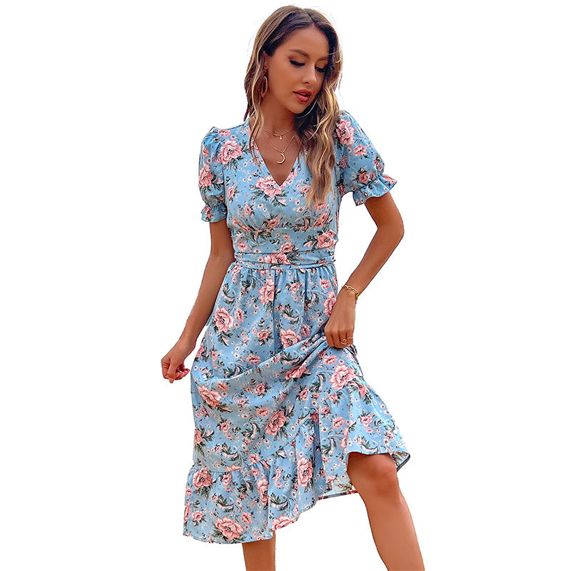 Fashion v Neck Short Sleeve Floral Dress Women Sweet Dresses Clothing Wholesale