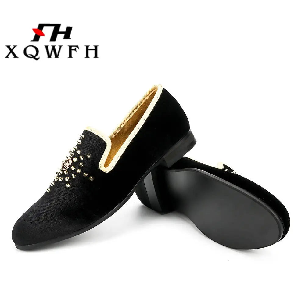 XQWFH Men Velvet Loafers Gold Top and Metal Toe Mens Dress Shoes Wedding Party