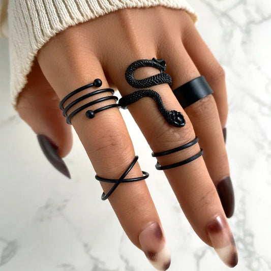 17KM Punk Finger Rings Set Gothic Geometric Ring for Women Black Color Rings