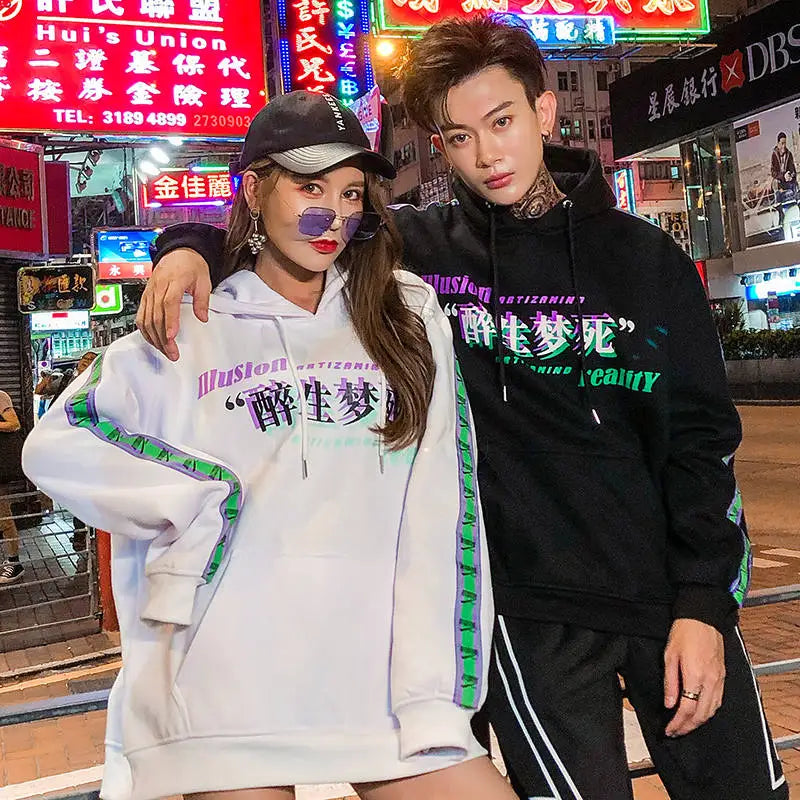 Men Hip Hop Hoodie Sweatshirt Drunk Illusion Chinese Character Hoodie Pullover