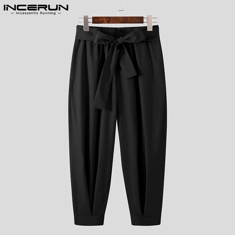 INCERUN 2023 New Men's Fashion Solid Color Pants Drawstring Casual Trousers