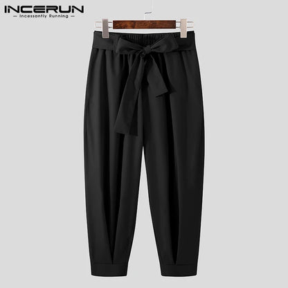 INCERUN 2023 New Men's Fashion Solid Color Pants Drawstring Casual Trousers