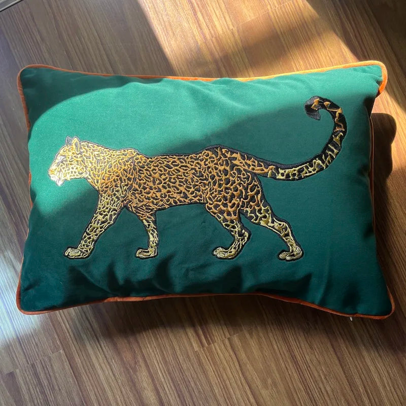 Green Pillows Sofa Decorative Pillow Cover Golden Leopard Embroidery Velvet