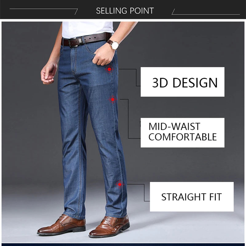 Men Jeans Summer Thin Breathable Soft Mid Straight Regular Men's Jeans