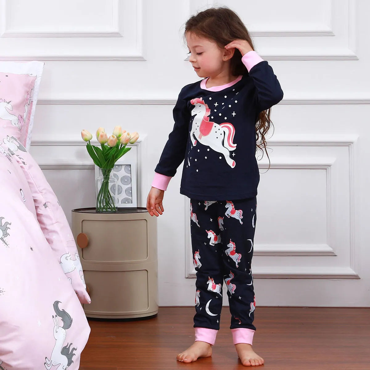 Kids Girls Unicorn Pajamas Set Children Skeleton Halloween Sleepwear