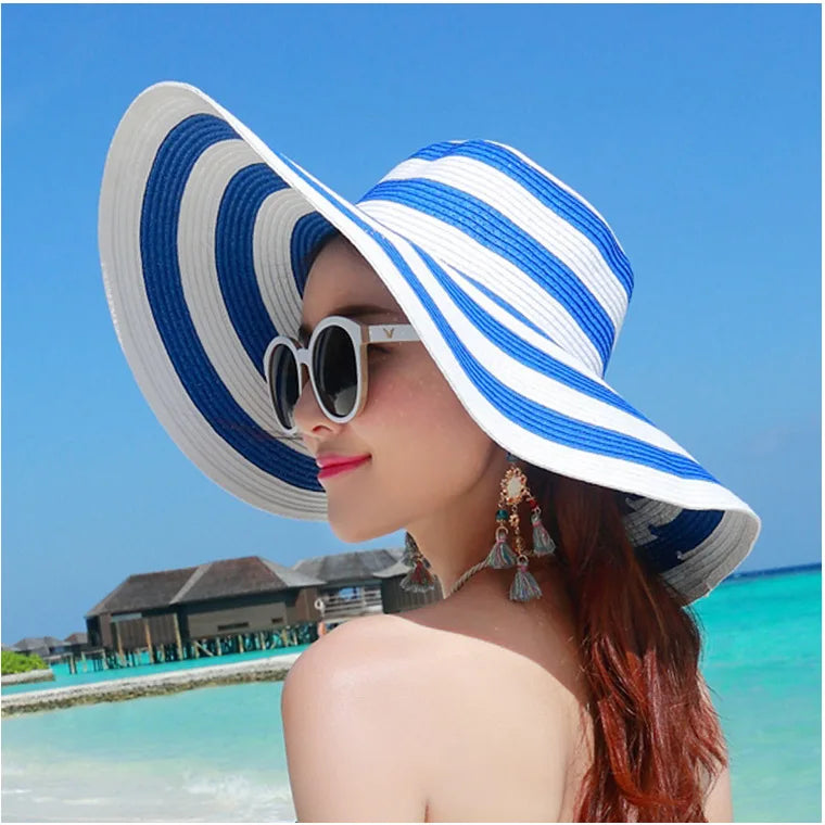 Hot Women's Casual Straw Hats Girls Outdoor Striped Patchwork Paper Sun Hats