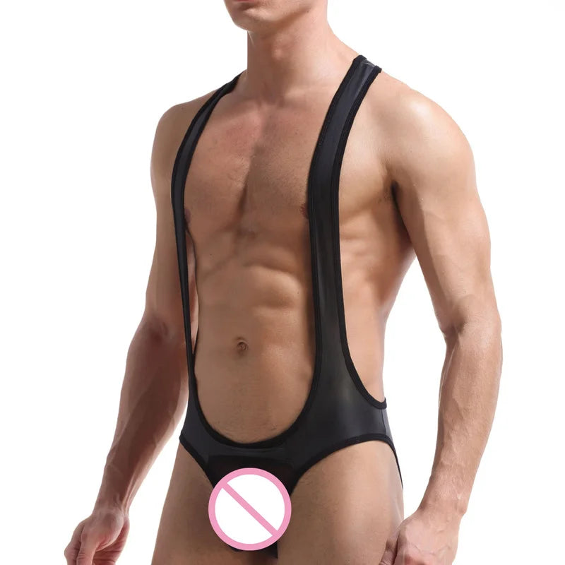 Sexy Mens Undershirts Jockstrap Mesh Leather Jumpsuits Wrestling Singlet