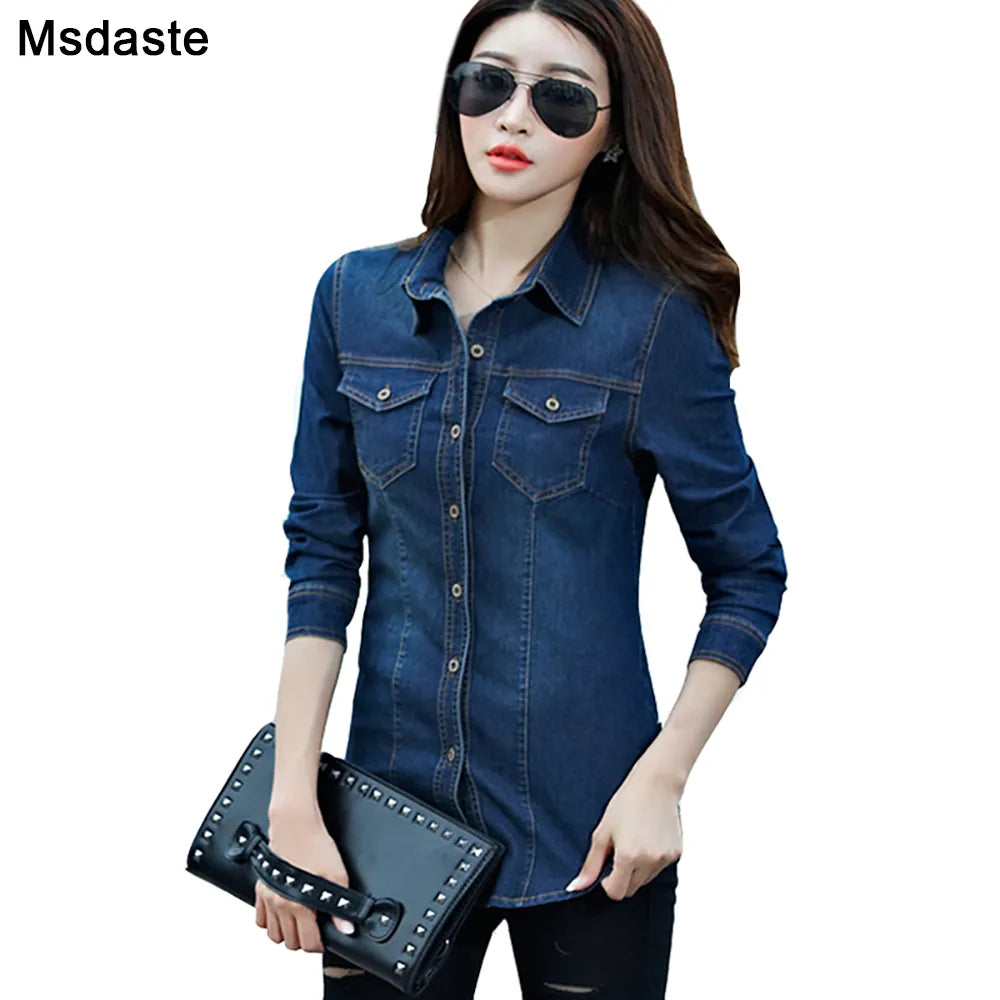 Jeans Shirt Women Long Sleeve Slim Casual Vintage Elastic Ladies Denim Shirts