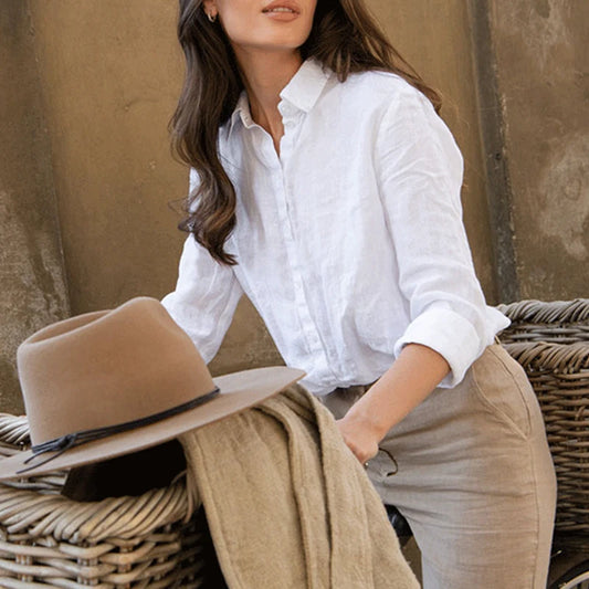 100% Linen White Shirts and Blouses Turn Down Collar Long Sleeve Tops