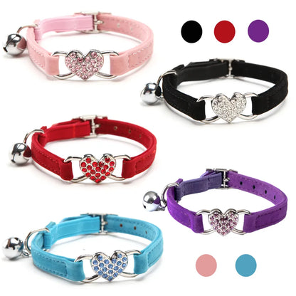 Heart Charm and Bell Cat Collar Elastic Adjustable With Soft Velvet Material