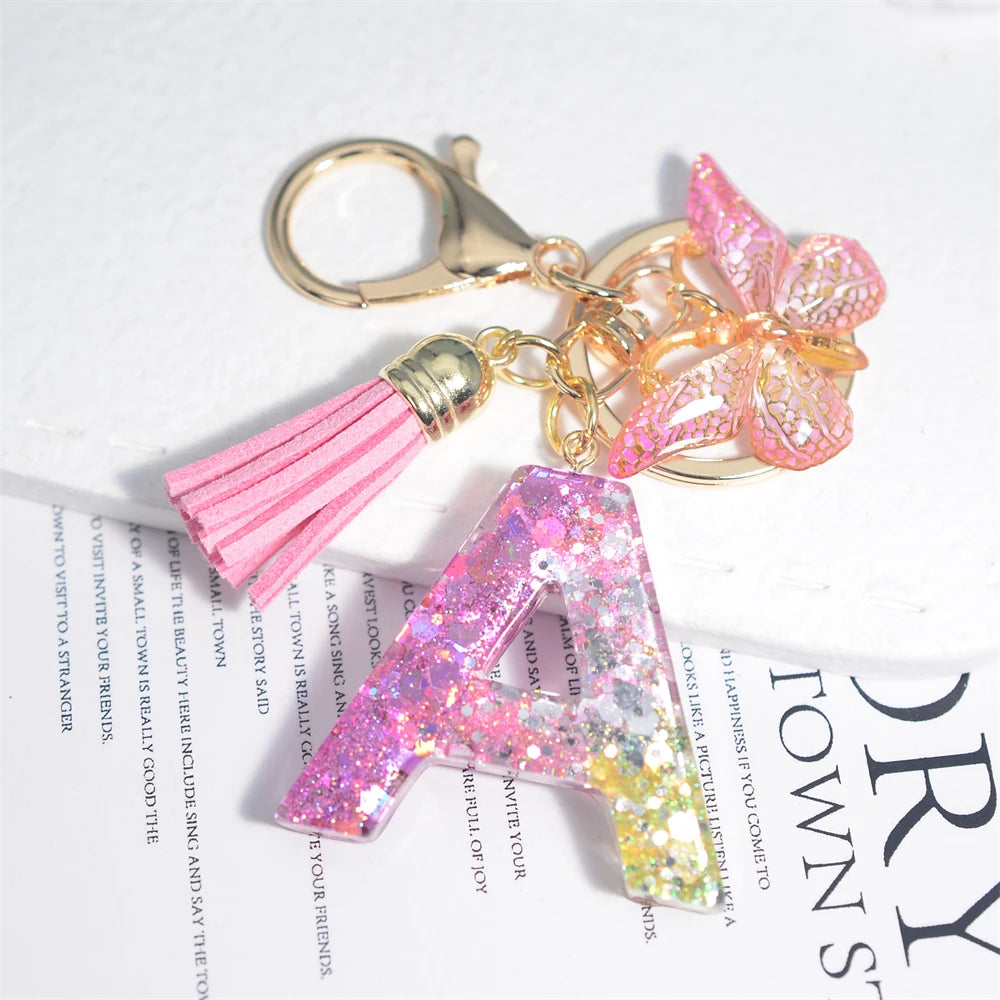 Cute Resin A-Z Initials Letter Keychain Pink Sparkle Butterfly Tassel Pendant