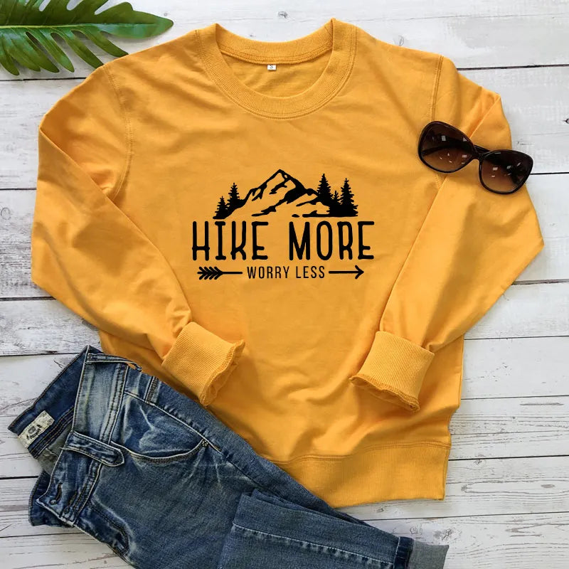 Hike More Worry Less Sweatshirt Casual Unisex Camping Pullovers Funny Women