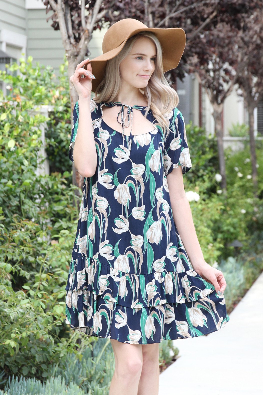 Short Sleeve Floral Ruffle Dress