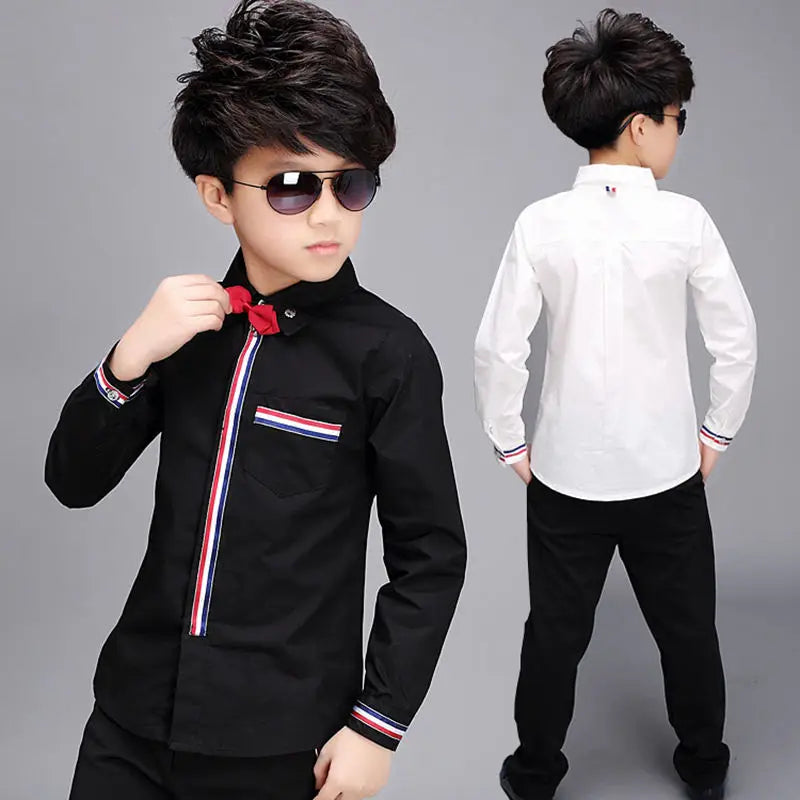 Teenage Boys Shirts Spring Cotton Long Sleeve Solid Shirt Kids White