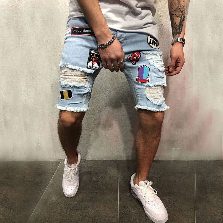 New Men's Ripped Embroidered Patchwork Men Denim Jeans Short Jeans