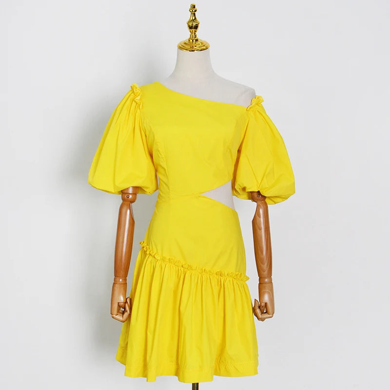 VGH Yellow Casual Dress for Women Skew Collar Puff Half Sleeve