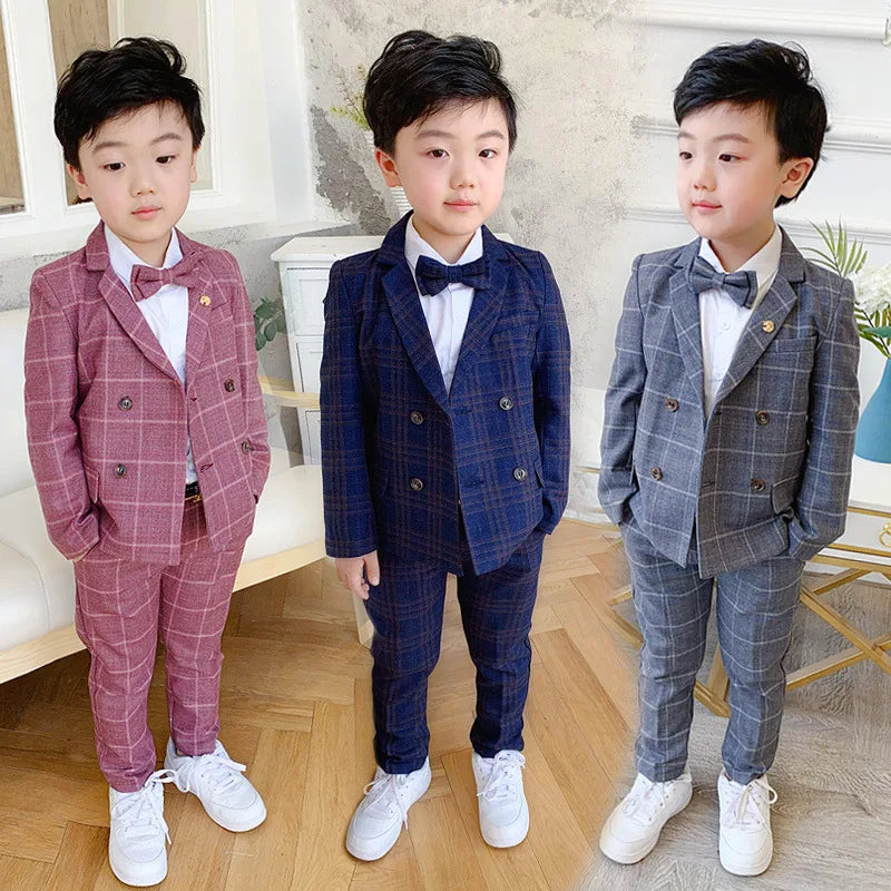 Flower Boys Formal Dress Suit Set Autumn Children Plaid Double Breasted Blazer