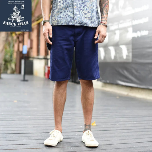 SauceZhan  Men Short Chino Pants Navy Shorts Vintage Men's Casual Shorts Blue