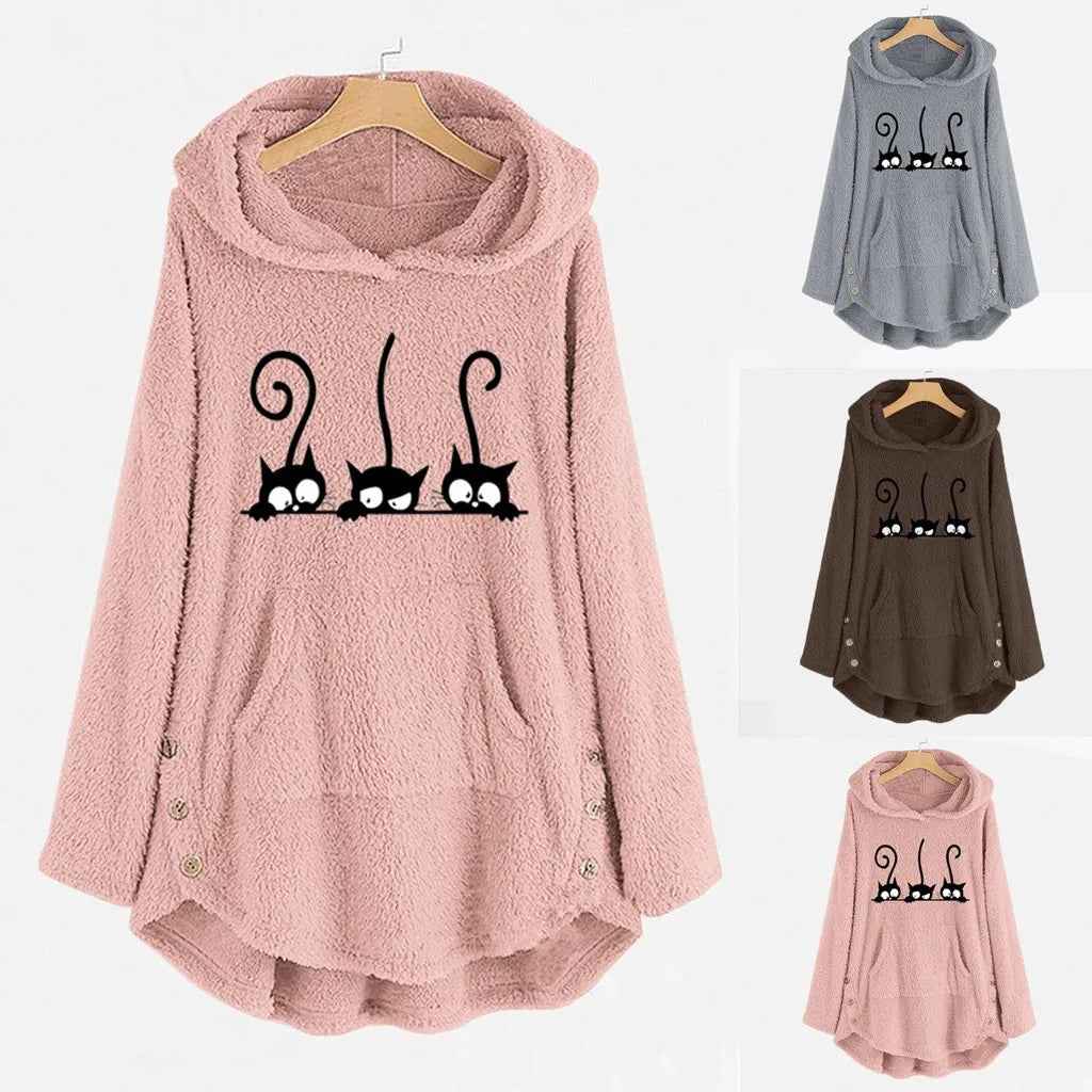 Cardigan Womens Fleece Cat Embroidery Plus Size Warm Oversized Hoodies