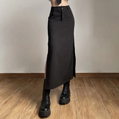 Goth Dark Elegant Mall Gothic Trumpet Women Midi Skirts Grunge High Waist Split