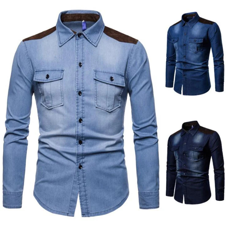 Denim Shirt Men Long Sleeve Men Casual Cotton Jeans Slim Shirt