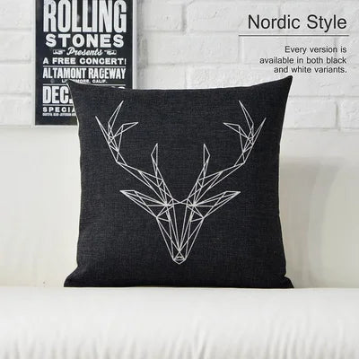 Black White Deer Pillow Nordic Geometric Pillow Cushion Linen  Sofa Cushions