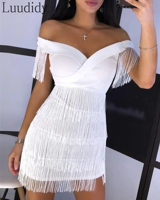 White Fringe Celebrity Evening Runway Party Dress Women Sexy Tassels