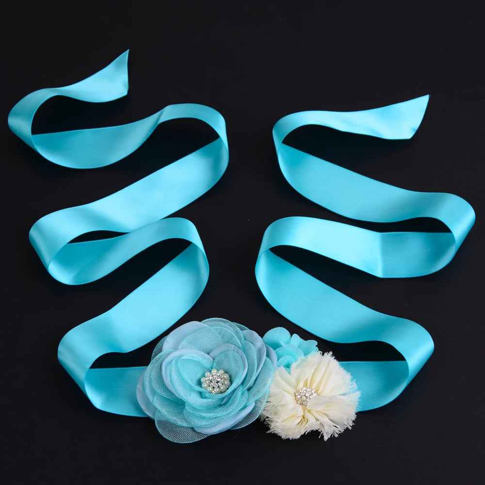 Turquoise Blue Girl Woman Sash Belt Satin Silk Chiffon Flower Sash Belt