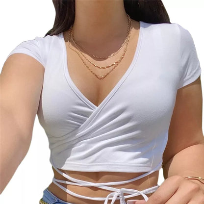 2023 Summer Solid v Neck T Shirts Women Short Sleeve Short Tops Crop Tops