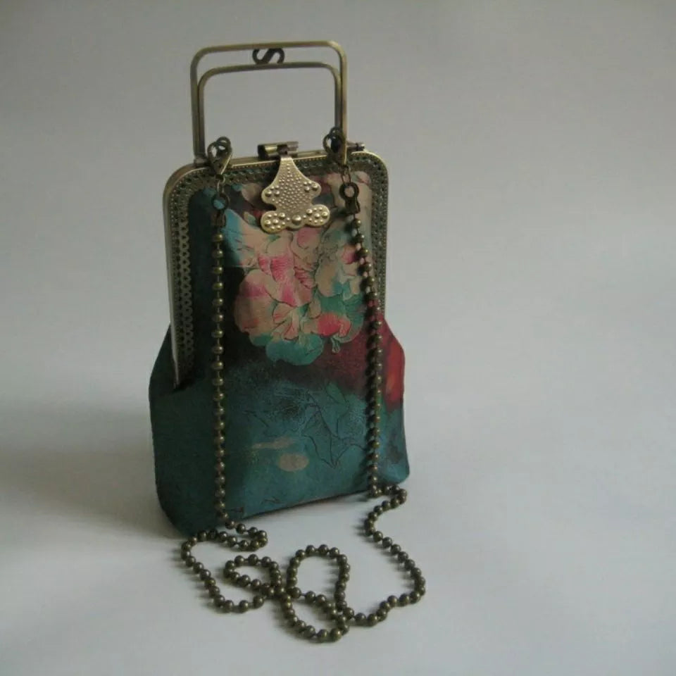 Pure Handmade Vintage Print Flowers Bags Hand Lock Shell Phone Bag Women's