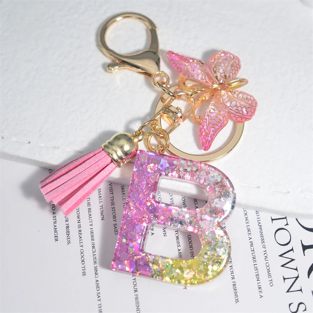 Cute Resin A-Z Initials Letter Keychain Pink Sparkle Butterfly Tassel Pendant