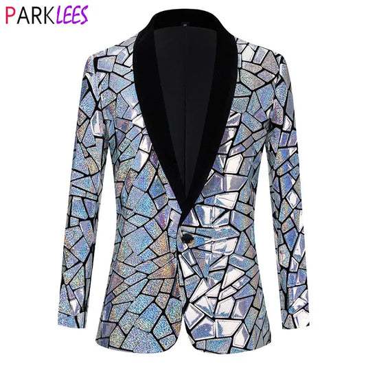 Luxury Laser Sequin Tuxedo Blazer Jacket Men One Button