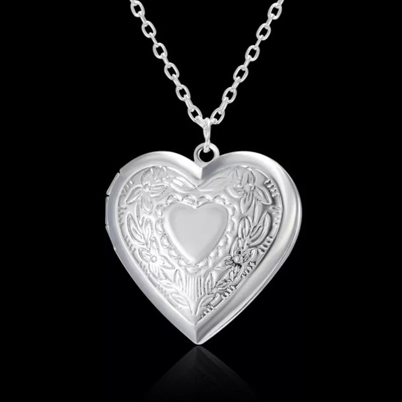 Openable Love Heart Locket Pendant Women Necklace Silver Color Chain Memory