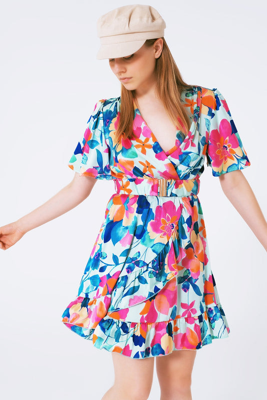 Belted Soft Satin Dress With Flower Print