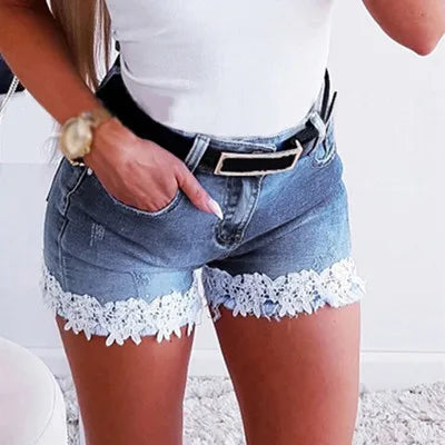 Women Slim Denim Shorts Stretch Lace Stitching Jeans Shorts Regular Short