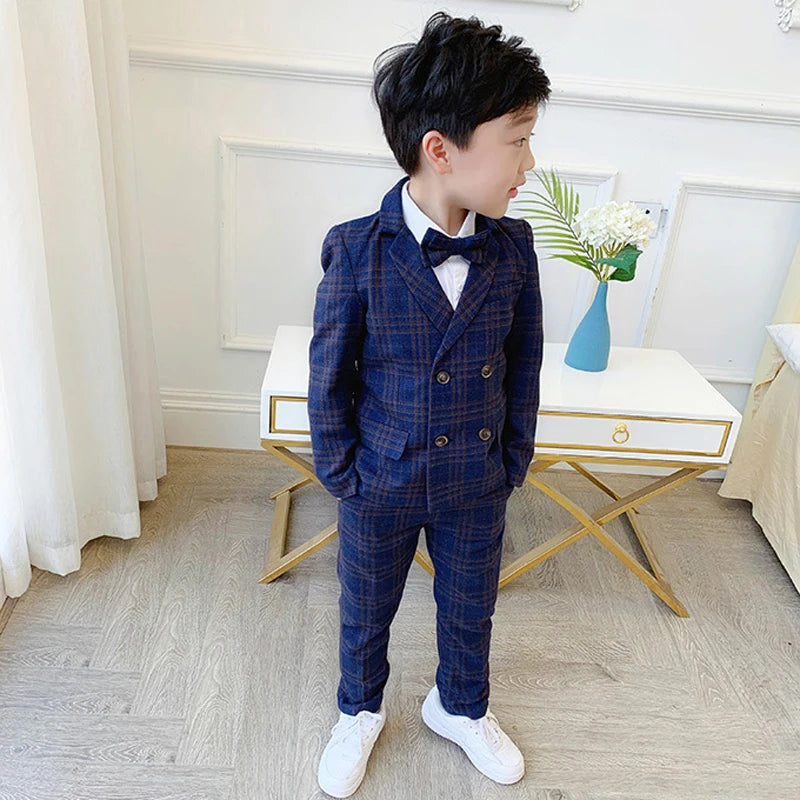 Flower Boys Formal Dress Suit Set Autumn Children Plaid Double Breasted Blazer