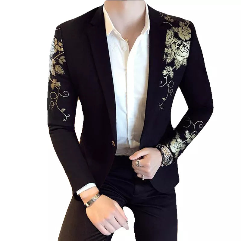 Gold Flower Print One Button Blazer Jacket Men 2023 Brand New Party Wedding