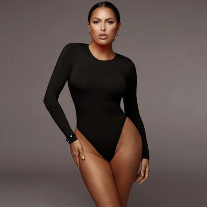 O Neck Long Sleeve Solid White Sexy Bodysuit Women Black