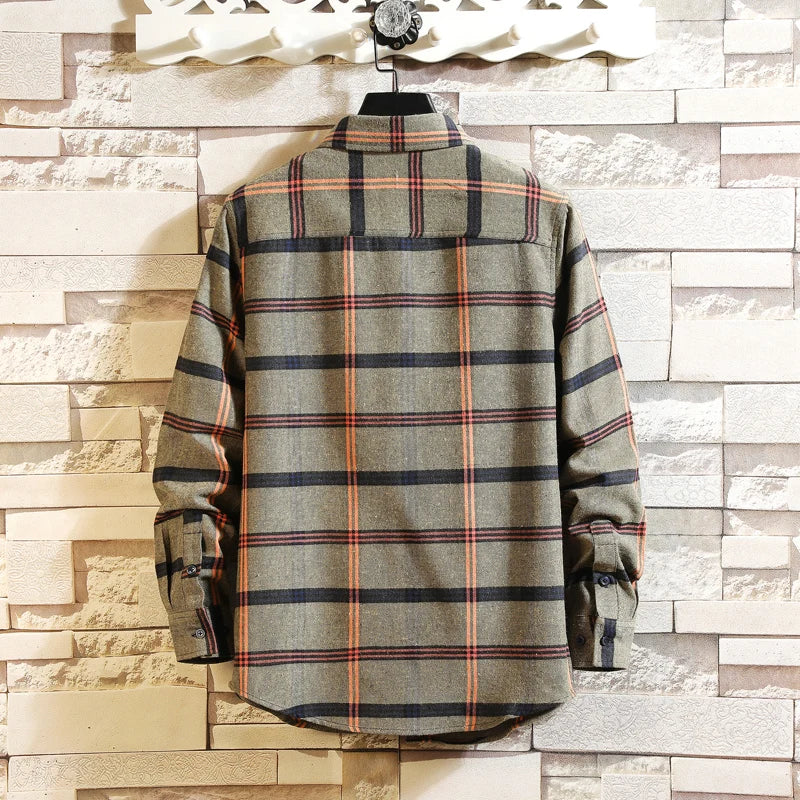 Casual Plaid Shirt Vintage Spliced Mens Shirts Turn-Down Collar Long Sleeve