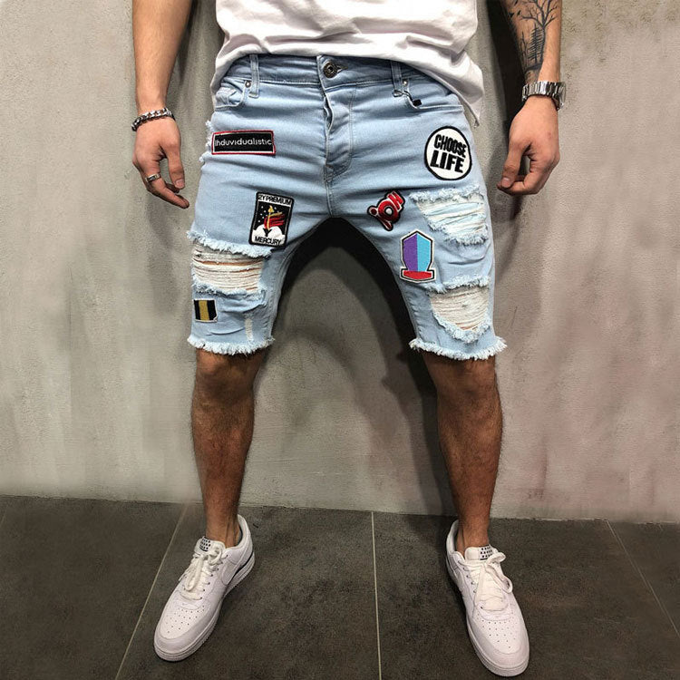 New Men's Ripped Embroidered Patchwork Men Denim Jeans Short Jeans