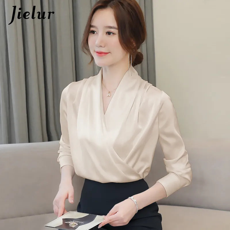 Jielur Womens Tops Blouses Solid Color White Satin Blouse Office Shirt