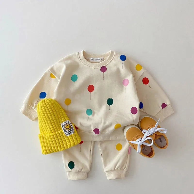 Korean Baby Kids Balloon Print Clothing Sets Girls Boys Cotton Sweatshirts+Pants