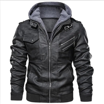 Men's Autumn Winter Motorcycle Leather Jacket Windbreaker Hooded Jackets